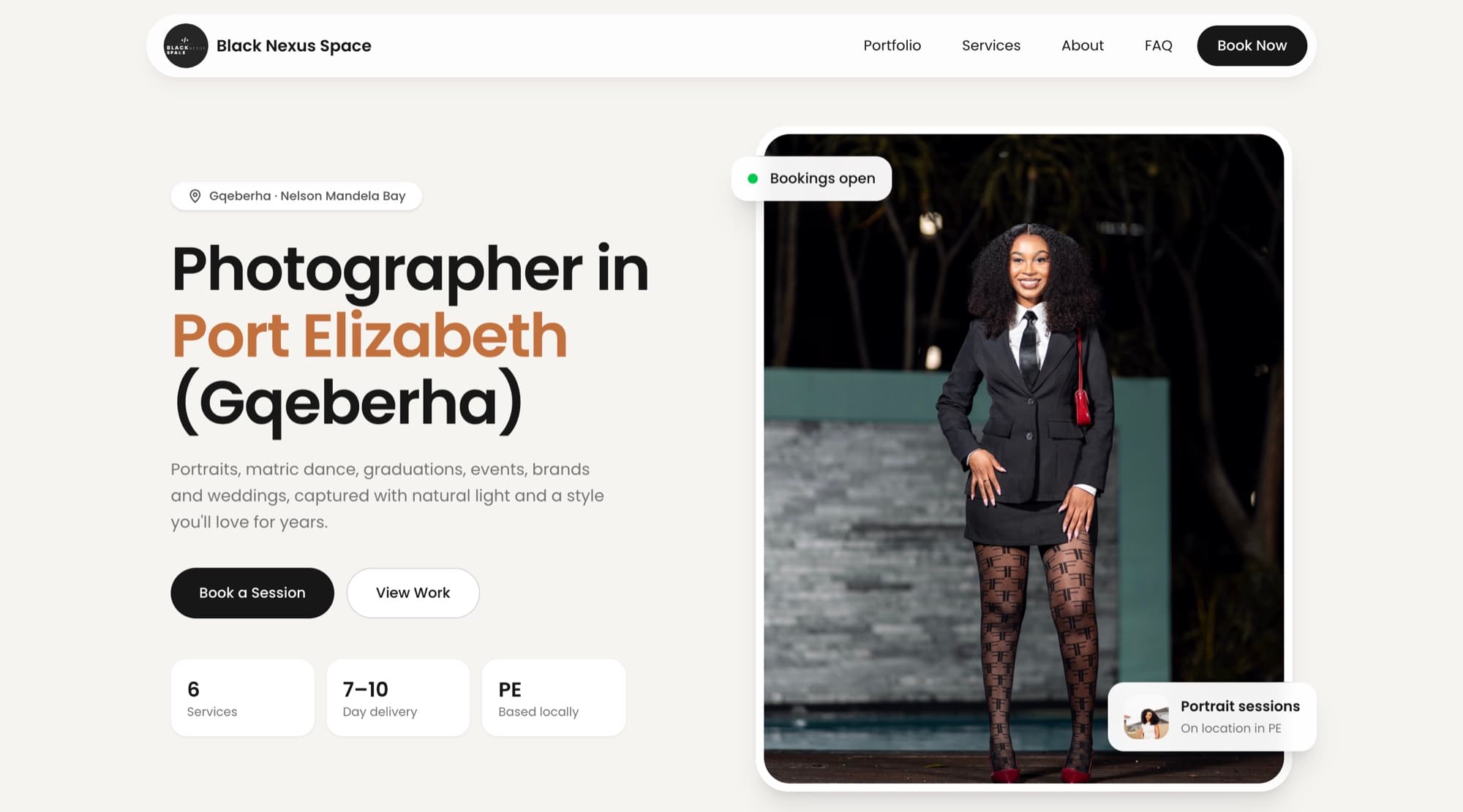 Black Nexus Space Photography homepage: photographer in Port Elizabeth (Gqeberha) with portrait photo and booking buttons